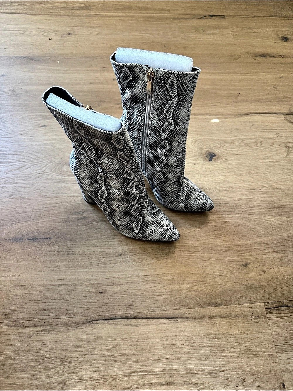 Snakeskin Pointed-Toe Heeled Boots in Gray & Black Like New